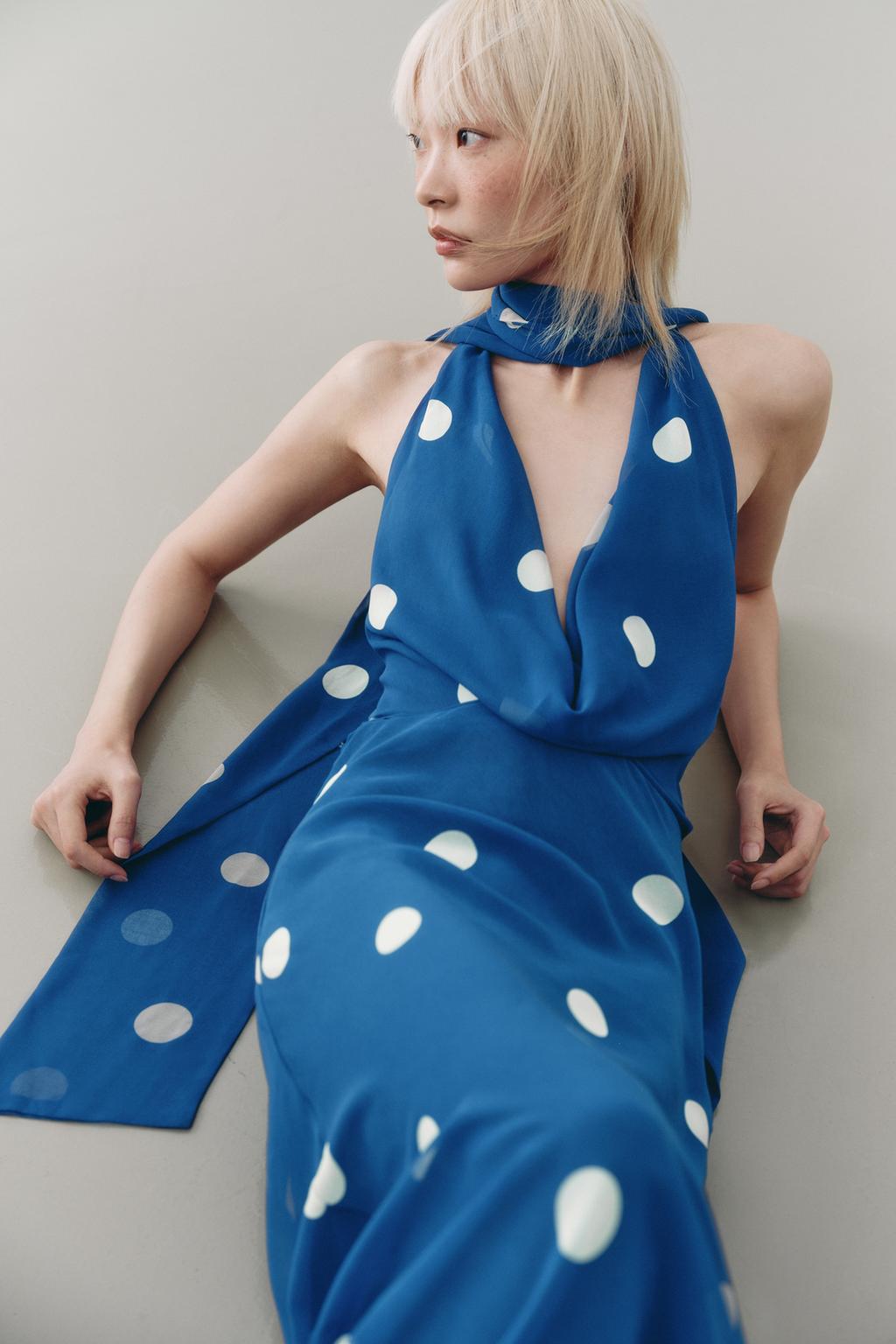 Blue Polka Dot Halter Maxi Dress
