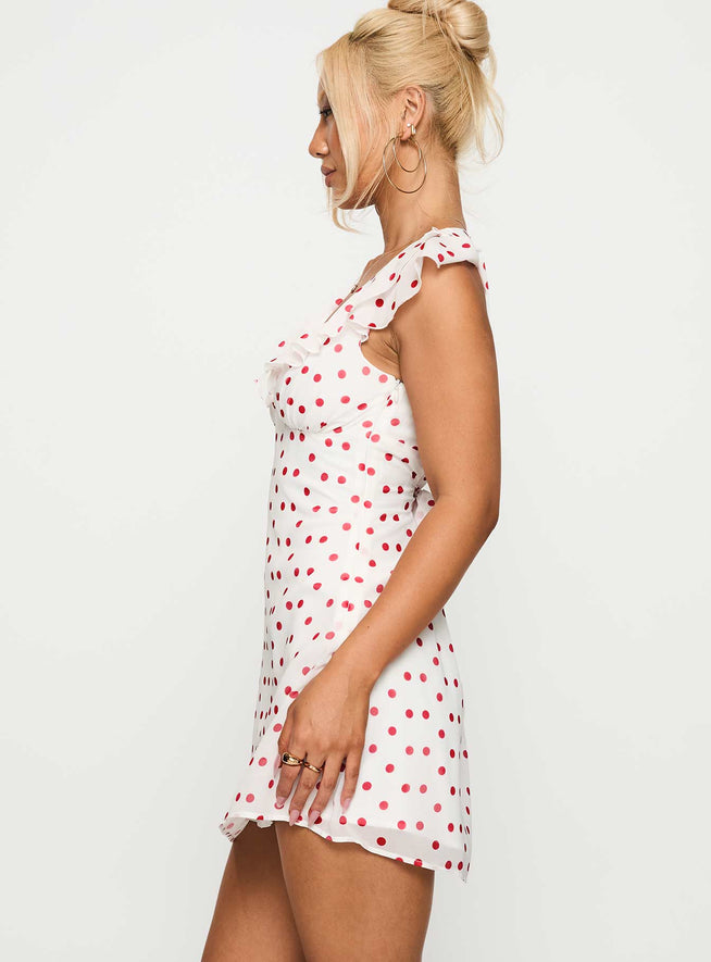 White Polka Dot Mini Dress with Ruffled Sleeves