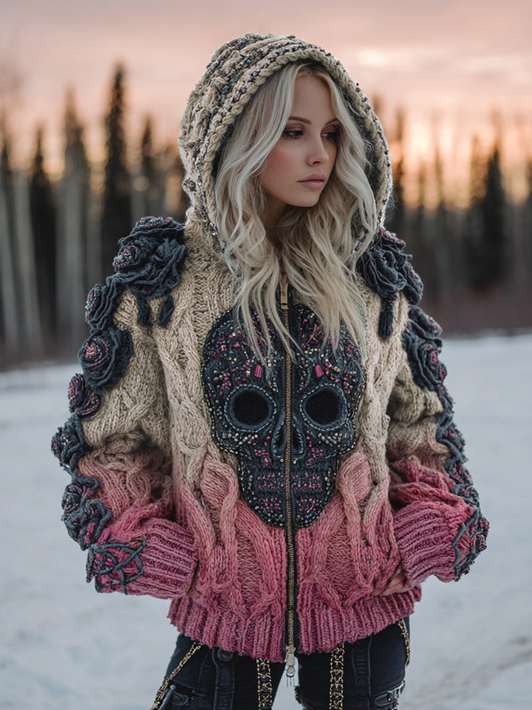 Women's Vintage Celtic Skull Gradient Art Cozy Knitted Hooded Cardigan