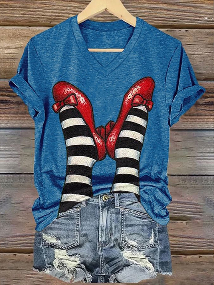 Classic Ruby Red Shoes Floral Painting V-Neck T-Shirt