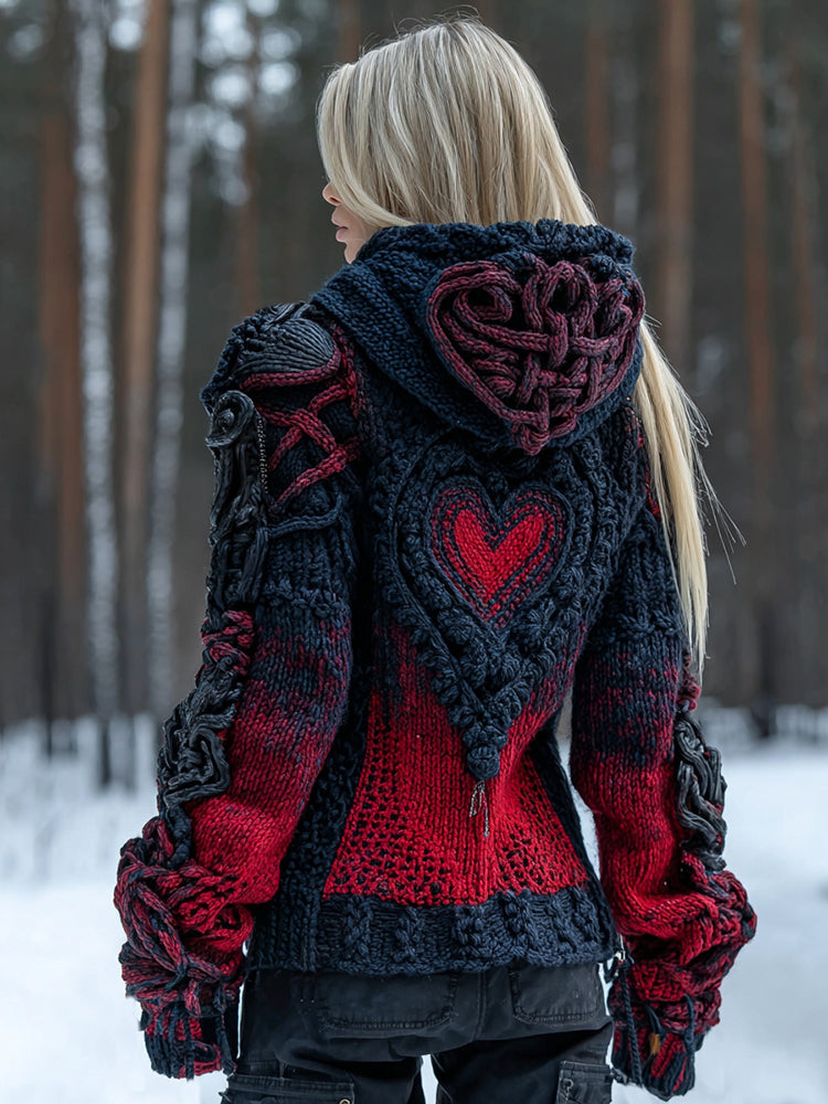 Women's Heart Art Cozy Knit Hooded Sweater