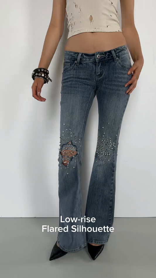 Low - Rise Flared Rhinestone - Embellished Jeans