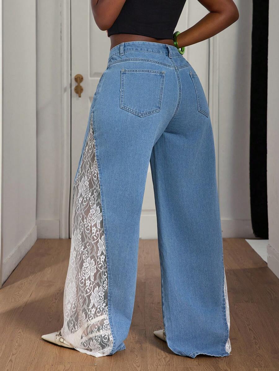 Lace - Paneled Wide - Leg Jeans