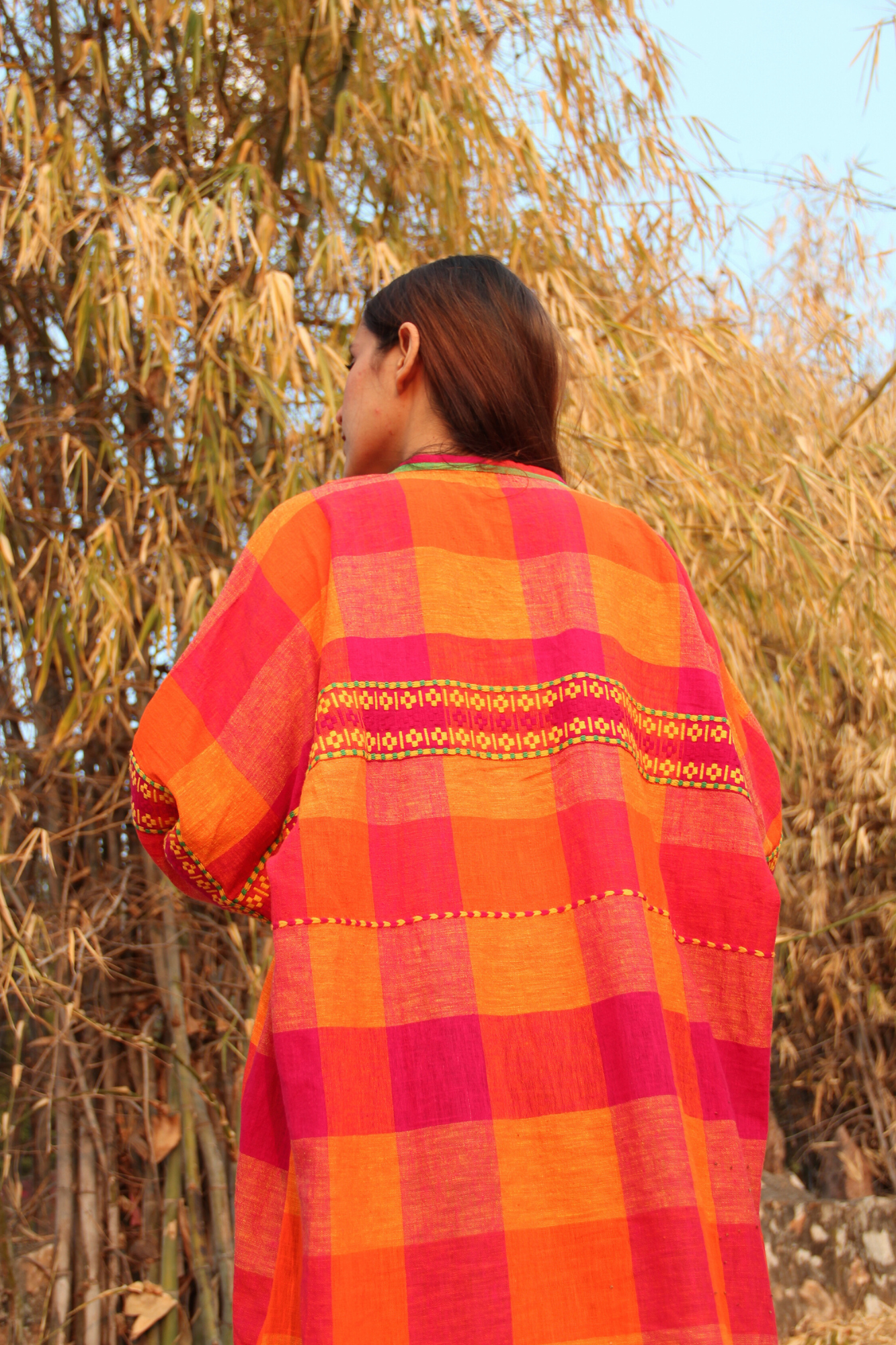 Vibrant Pink and Orange Checkered Maxi Dress