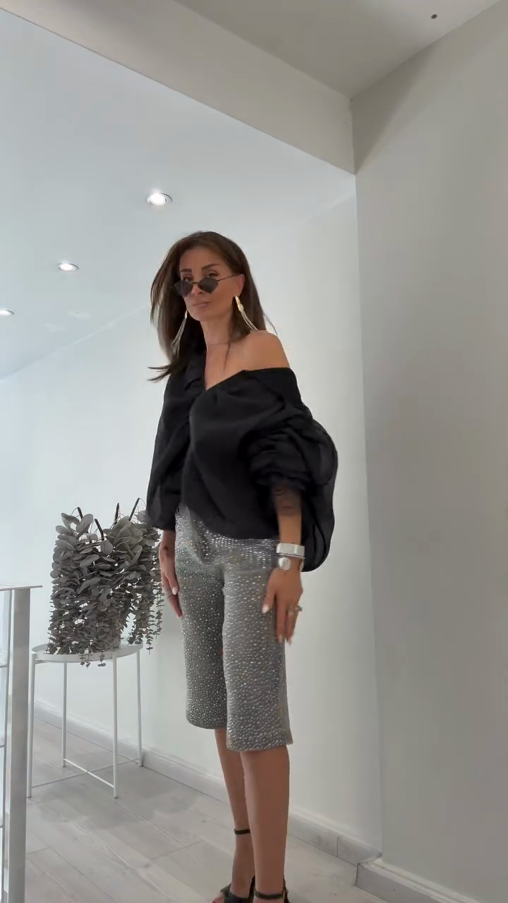 Silver Rhinestone - Embellished Denim Bermuda Shorts