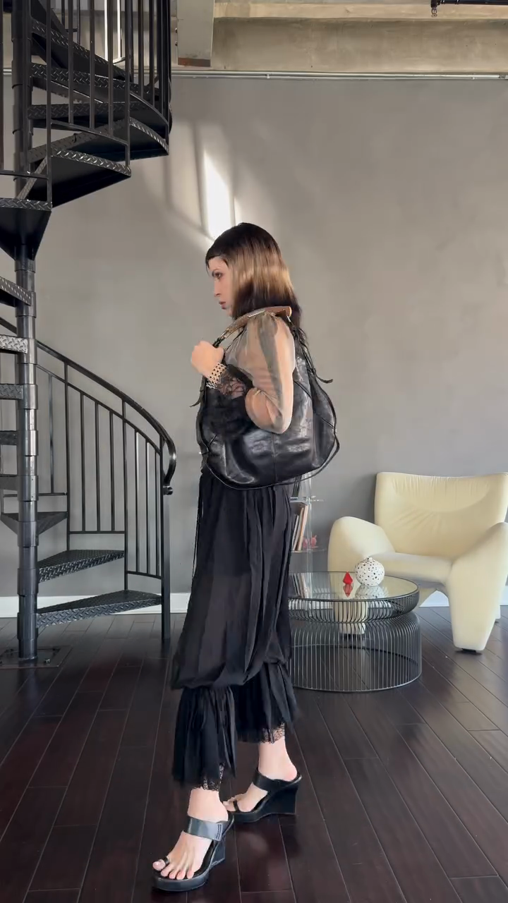 Sheer Mesh Cropped Top and Black Ruffled Harem Pants Set