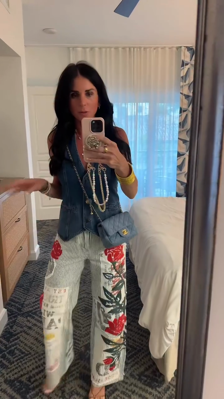 Patterned Denim Vest Wide-Leg Set