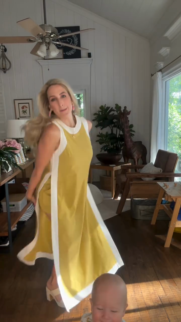 Yellow and White Sleeveless Midi Dress