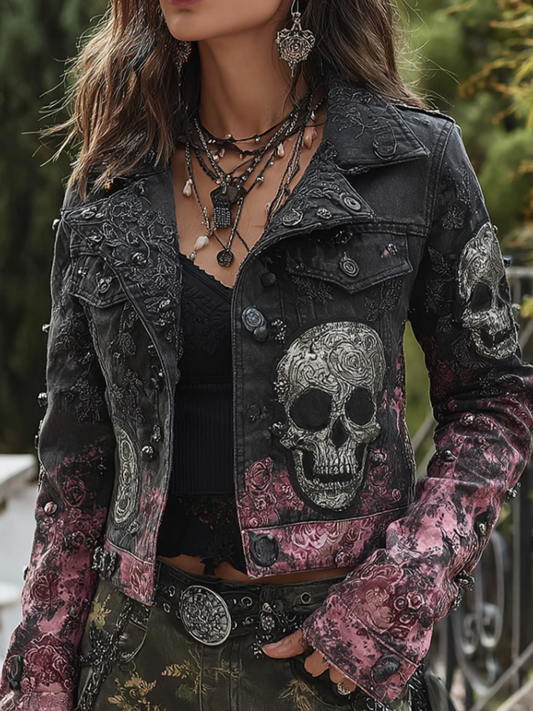 A Retro Women's Black-pink Gradient Denim Jacket With Gothic Skull And Floral Elements Design For Halloween.