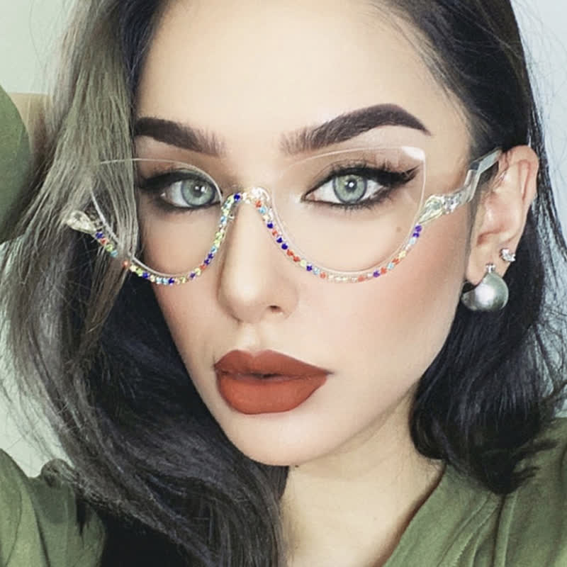 Spykay™ EG26687 Cat-Eye Frame Rhinestone Decor Semi-Rimless Glasses