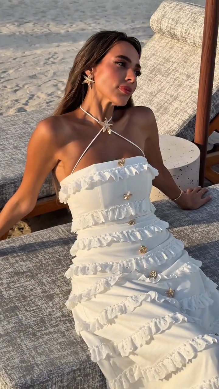 White Tiered Ruffle Halter Maxi Dress