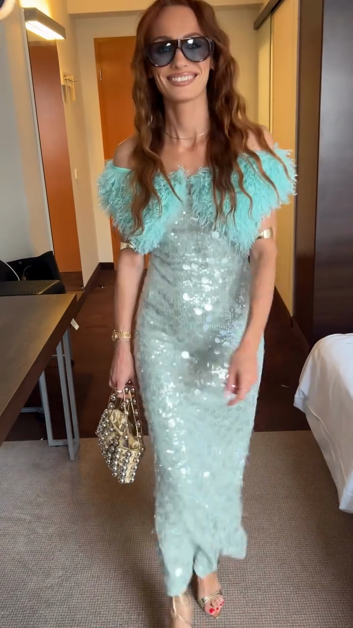 Turquoise Sequin Off - the - Shoulder Dress