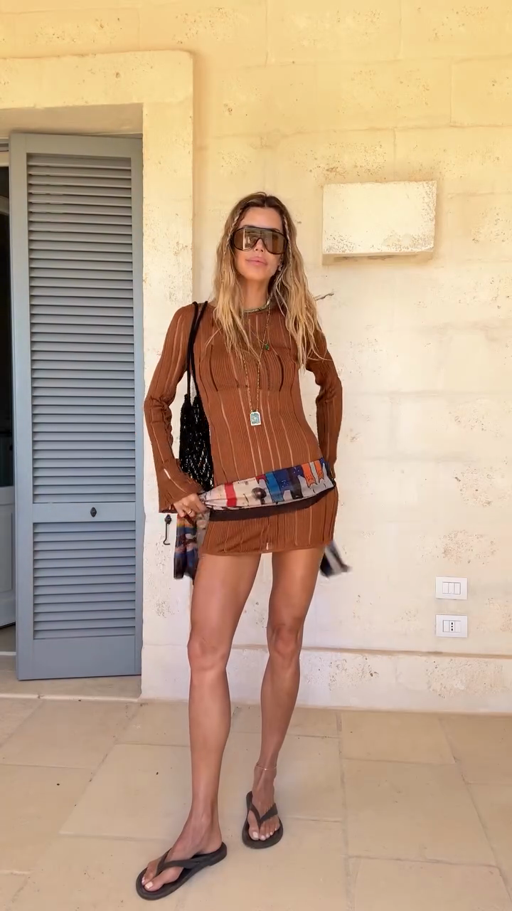 Brown Ribbed Long - sleeve Mini Dress
