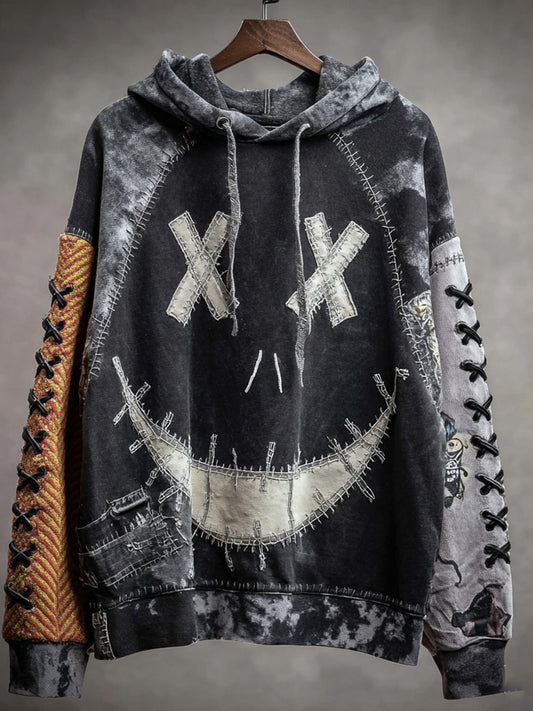 Men's Halloween Smiley Face Stitched Contrast Graphic Warm Hoodie