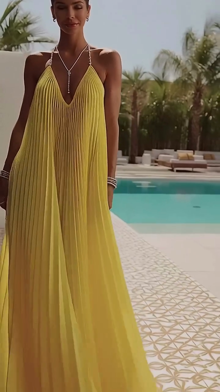 Yellow Pleated Halter Maxi Dress