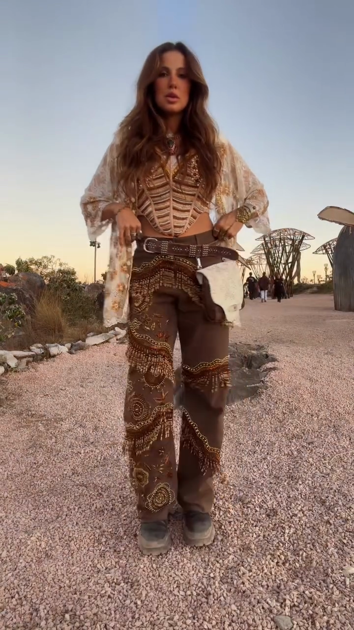 Brown Wide - Leg Pants with Intricate Beadwork
