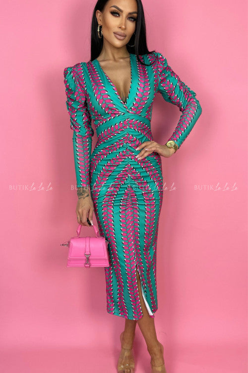 Puff Sleeve Printed Ruffled Midi Dress