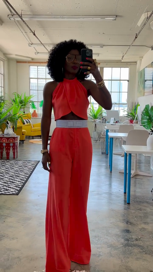 Red Halter Crop Top and Wide - leg Pants Set