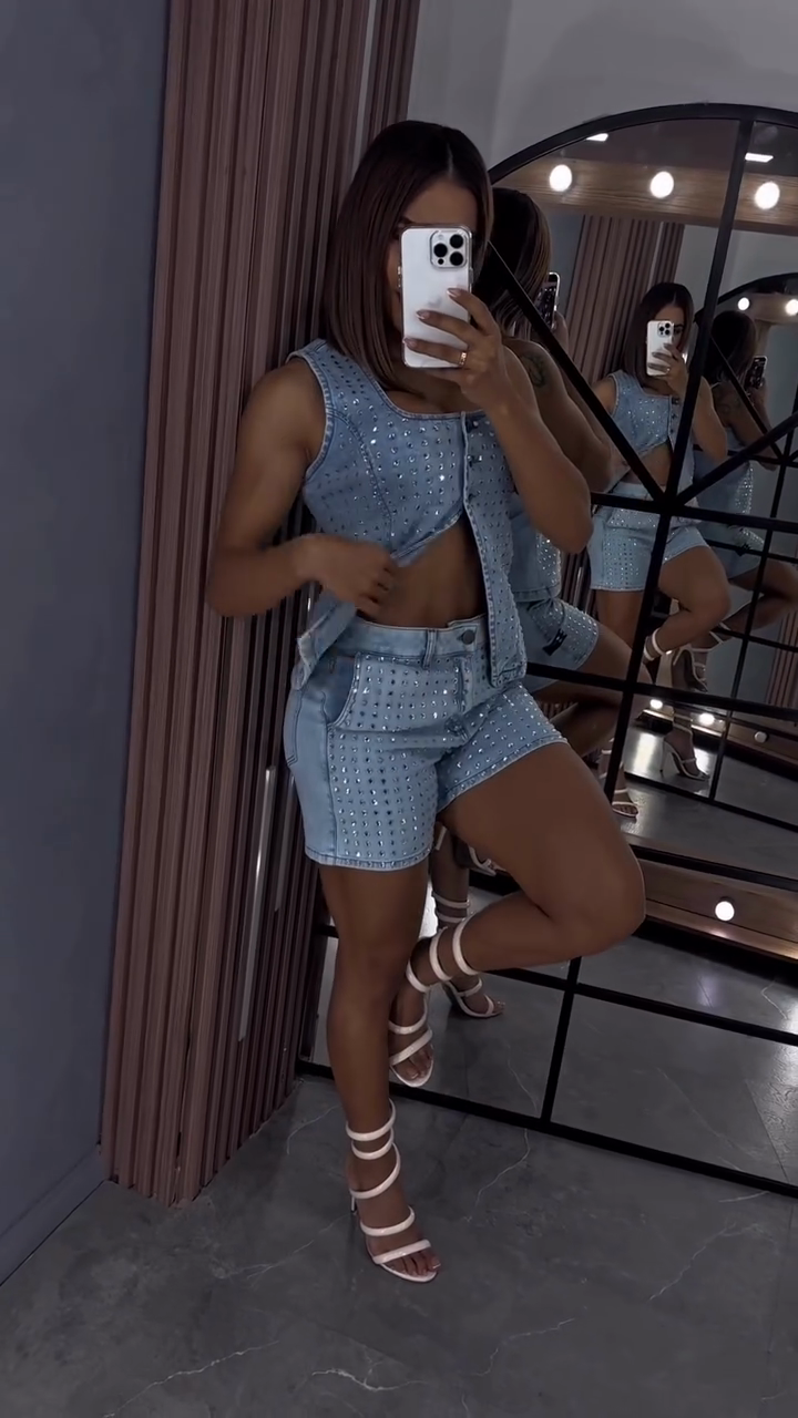 Light Blue Embellished Denim Vest and Shorts Set