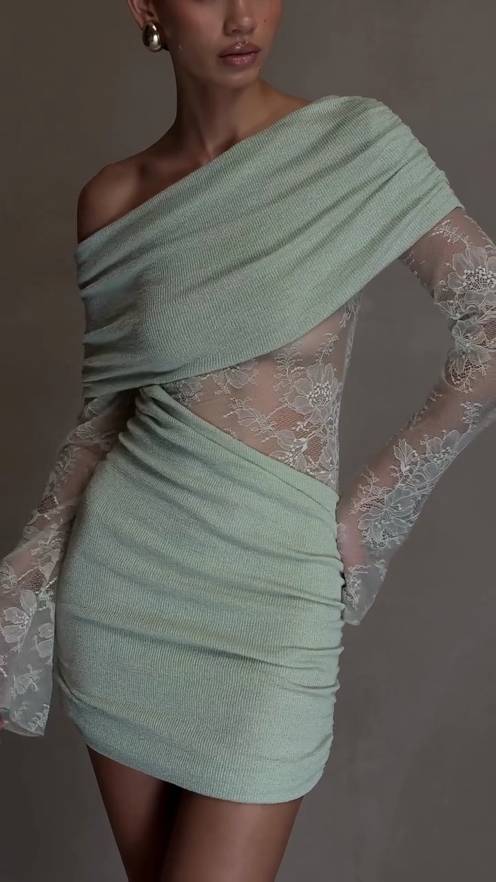 Mint Green One - Shoulder Mini Dress with Lace Sleeves