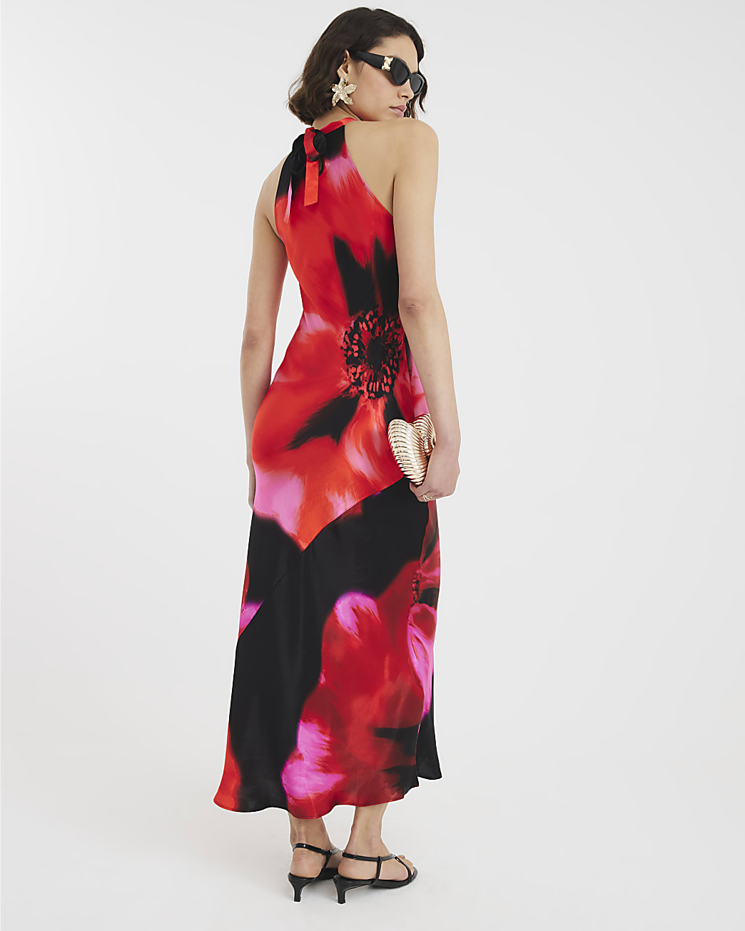 Satin Halter Neck Maxi Dress with Abstract Print