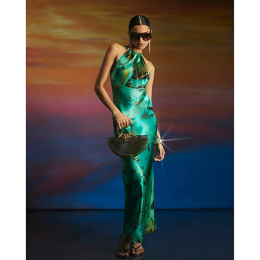 Satin Halter Neck Maxi Dress with Abstract Print