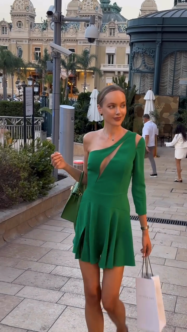 Green One - shoulder Cut - out Mini Dress