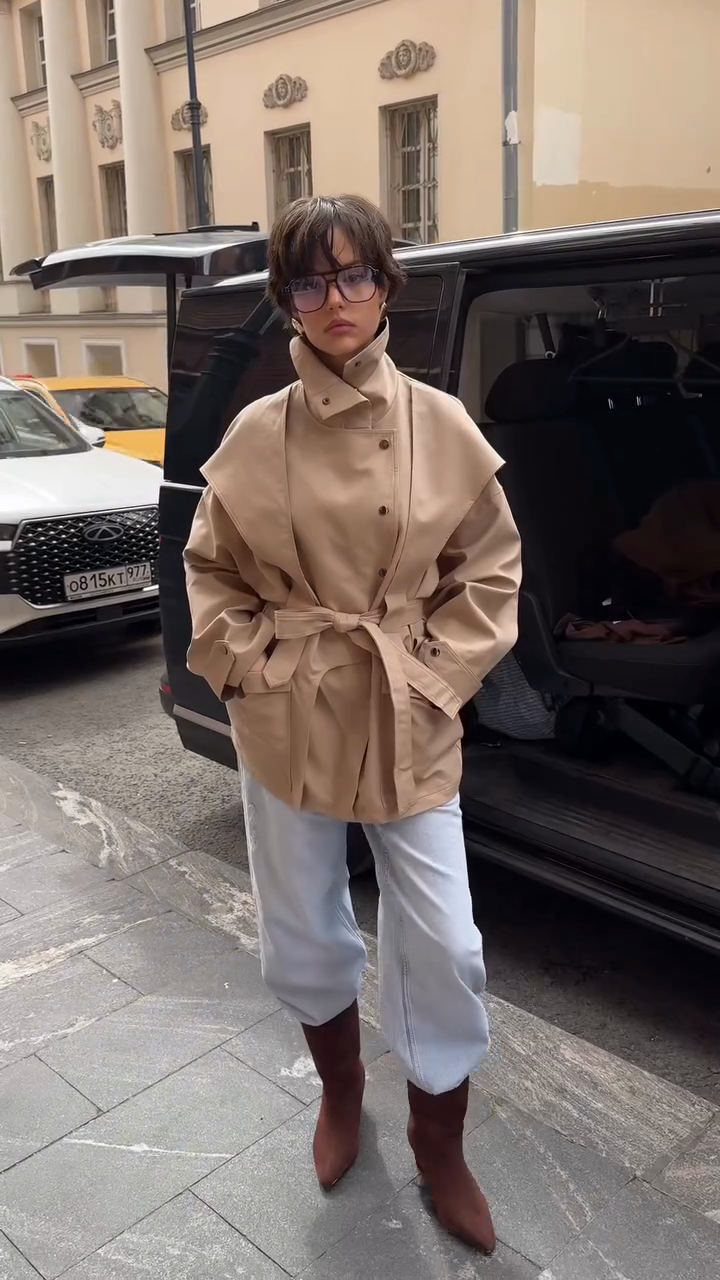 Beige Belted Trench Coat with Cape - like Overlay