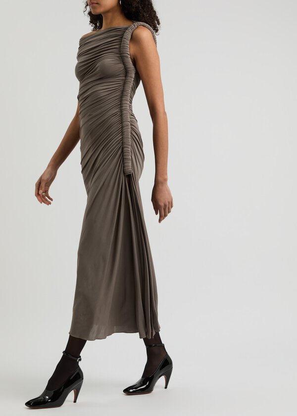 Taupe Asymmetric Ruched Midi Dress