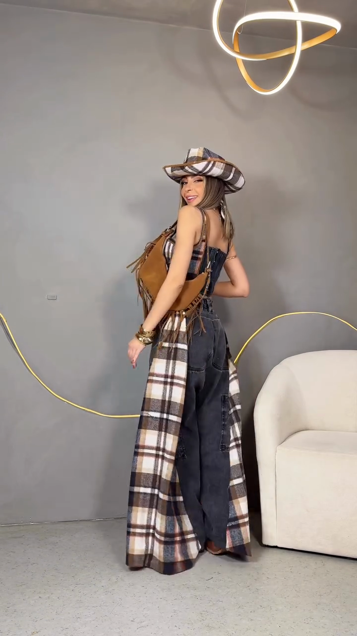 Patchwork Denim Crop Top & Wide - Leg Jeans Set