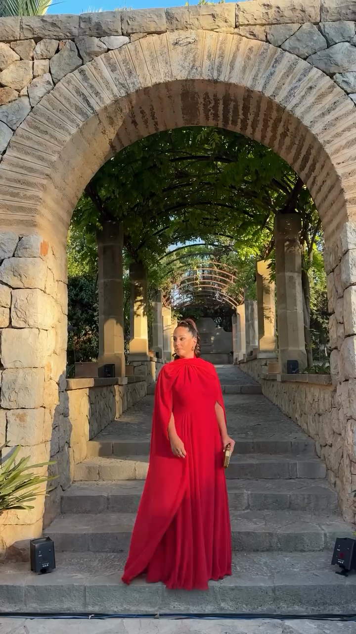 Red Cape - Sleeve Maxi Evening Dress