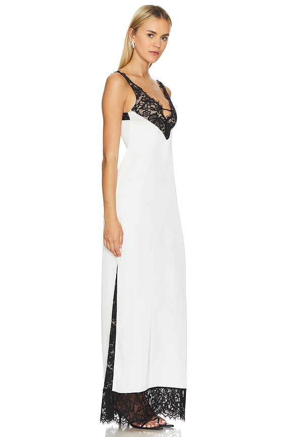 White Maxi Dress with Black Lace Accents