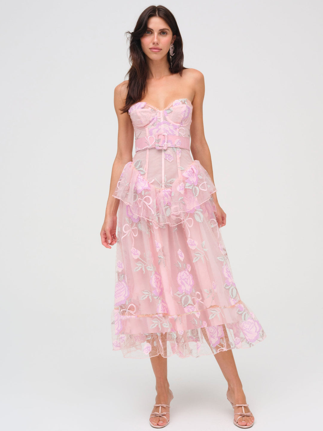 Pink Tulle Embroidered Strapless Midi Dress