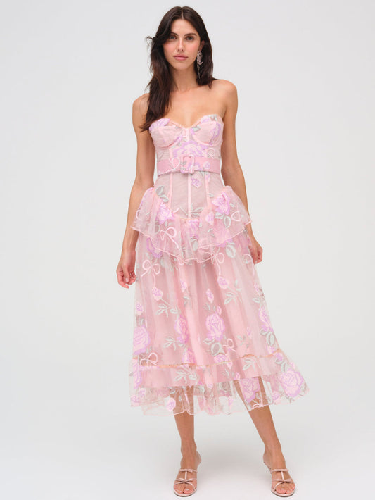 Pink Tulle Embroidered Strapless Midi Dress