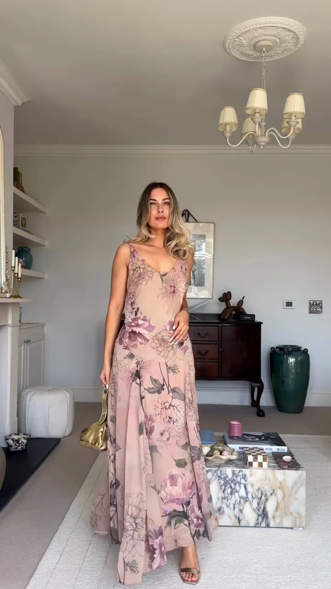 Blush Pink Floral Print Spaghetti - strap Maxi Dress