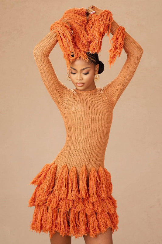 Rust - Colored Knit Fringe Dress