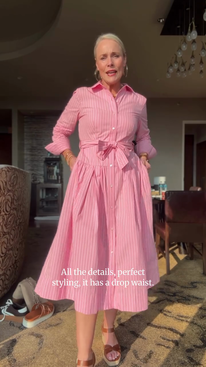 Pink Striped Shirt Dress with Belt