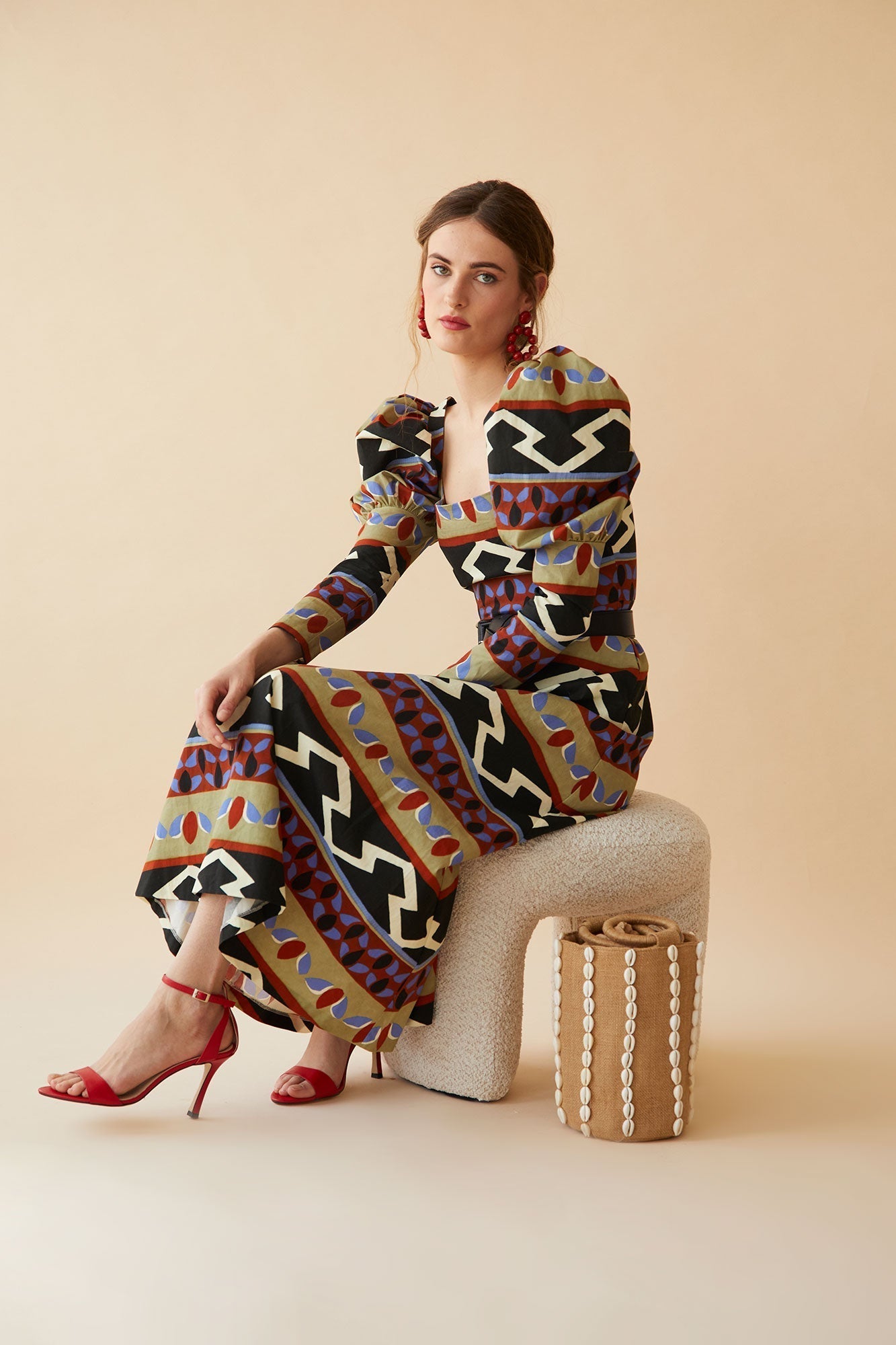 Printed Puff - Sleeve Midi Dress