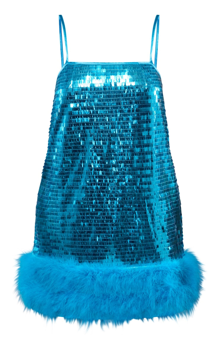 Turquoise Sequin Mini Dress with Feather Trim