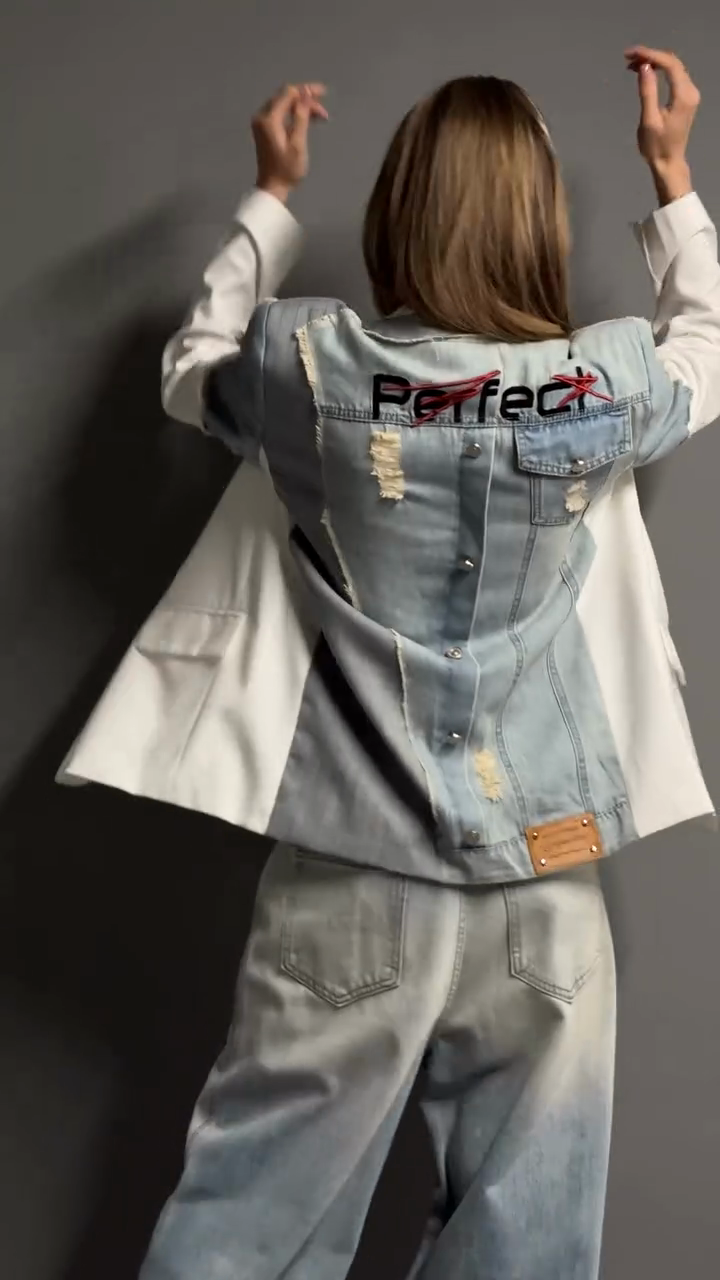 White blazer with denim back detail