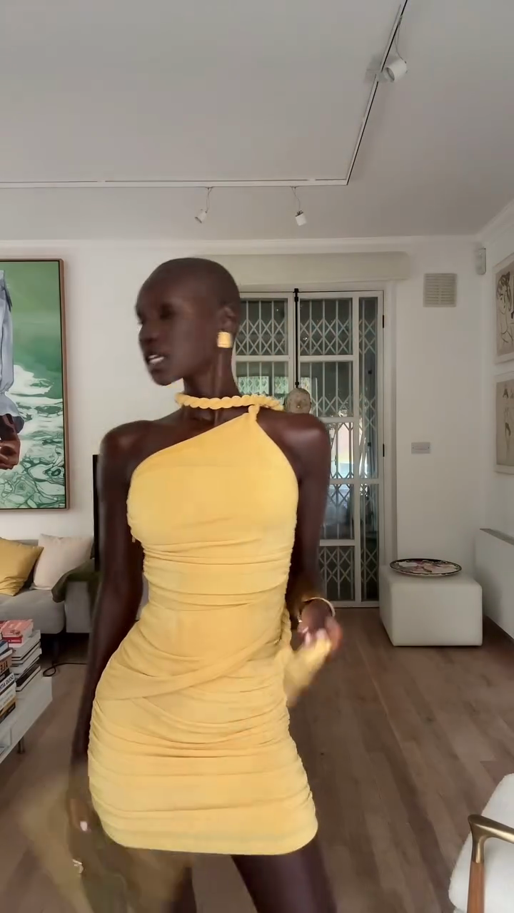 Yellow One - Shoulder Ruched Mini Dress