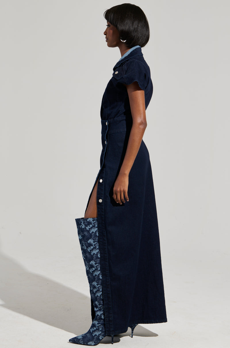Denim Button-Up Front Slit Maxi Skirt