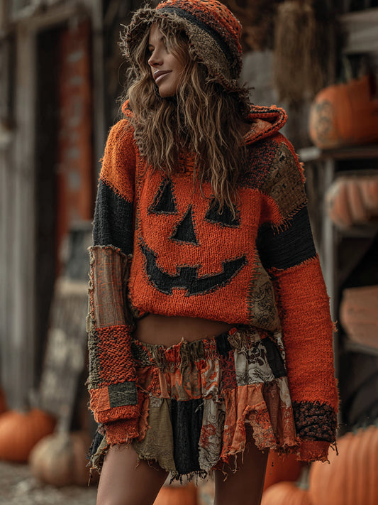 Halloween Pumpkin Face Art Cozy Knit Hooded Sweater