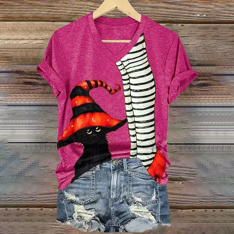 Classic Ruby Shoes Halloween Witch Legs With Cat Painting V-Neck T-Shirt