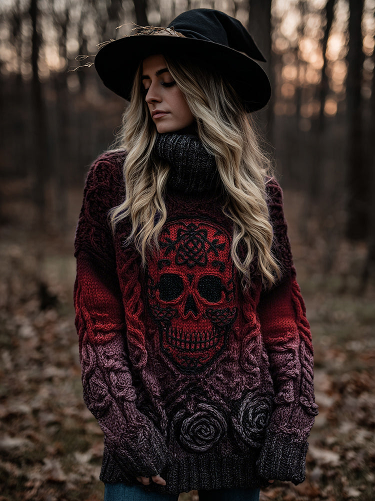 Women's Viking Tribal Jacquard Celtic With Rose And Skull Inspired Chunky Knit Turtleneck Sweater
