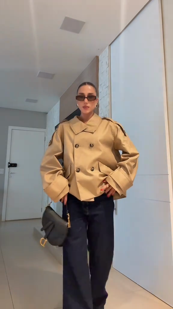 Beige Double - Breasted Trench Jacket