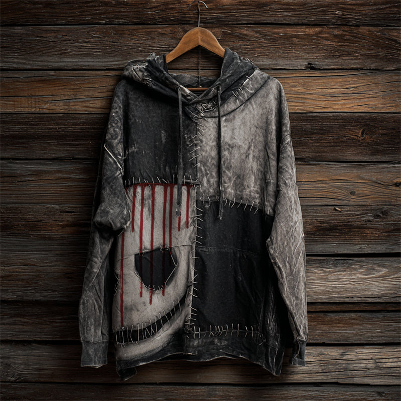 Halloween Bleeding Spooky Face Washed Patchwork Hoodie
