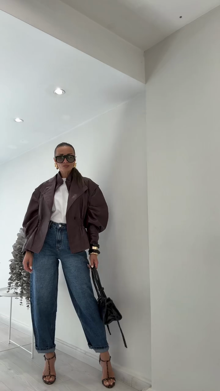 Faux Leather Peplum Jacket with Puff Sleeves