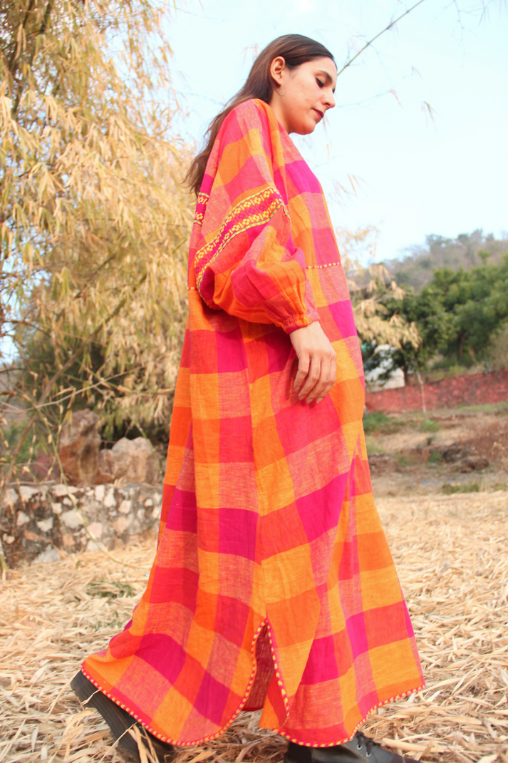 Vibrant Pink and Orange Checkered Maxi Dress