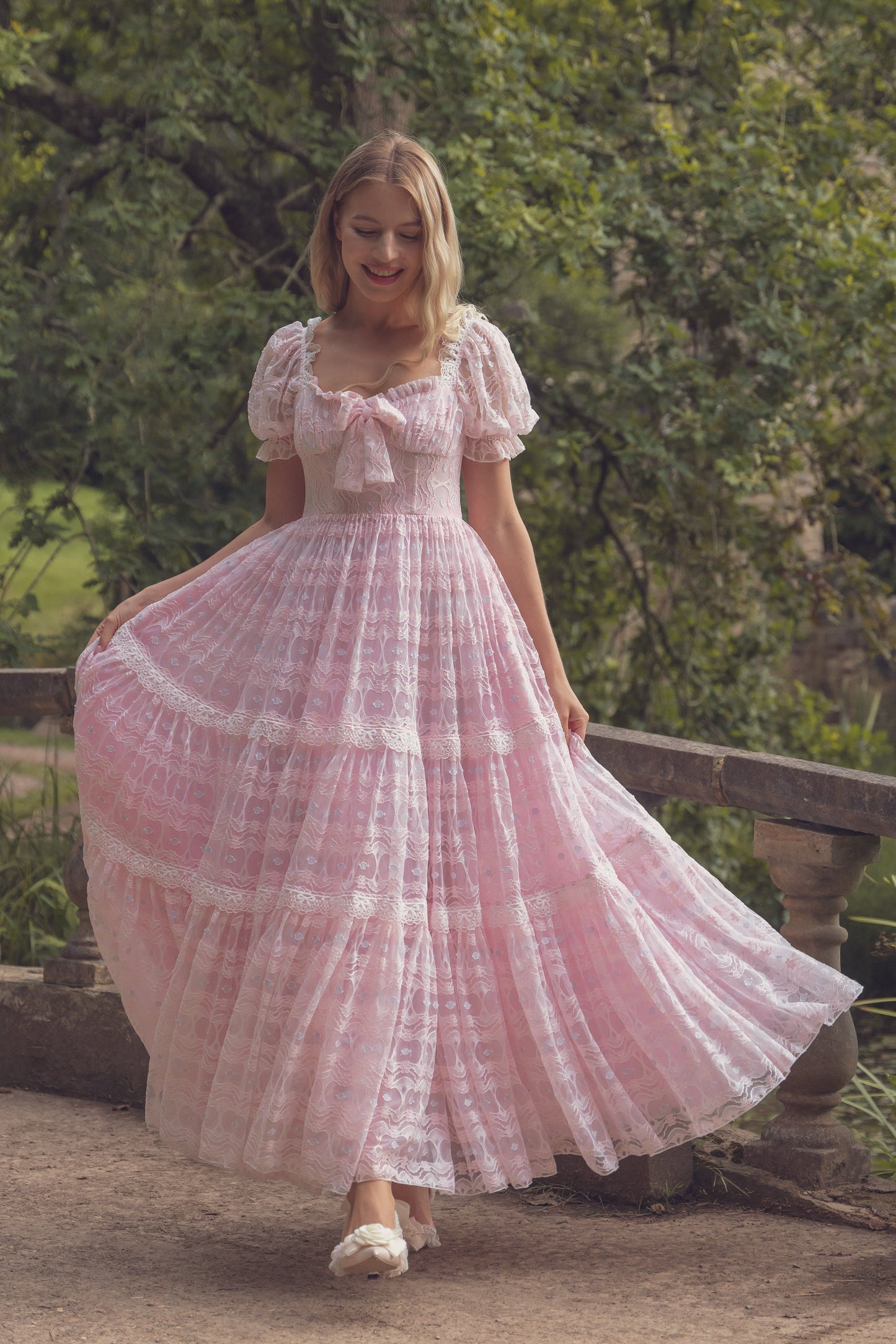 Pink Puff Sleeve Lace Layered Maxi Dress